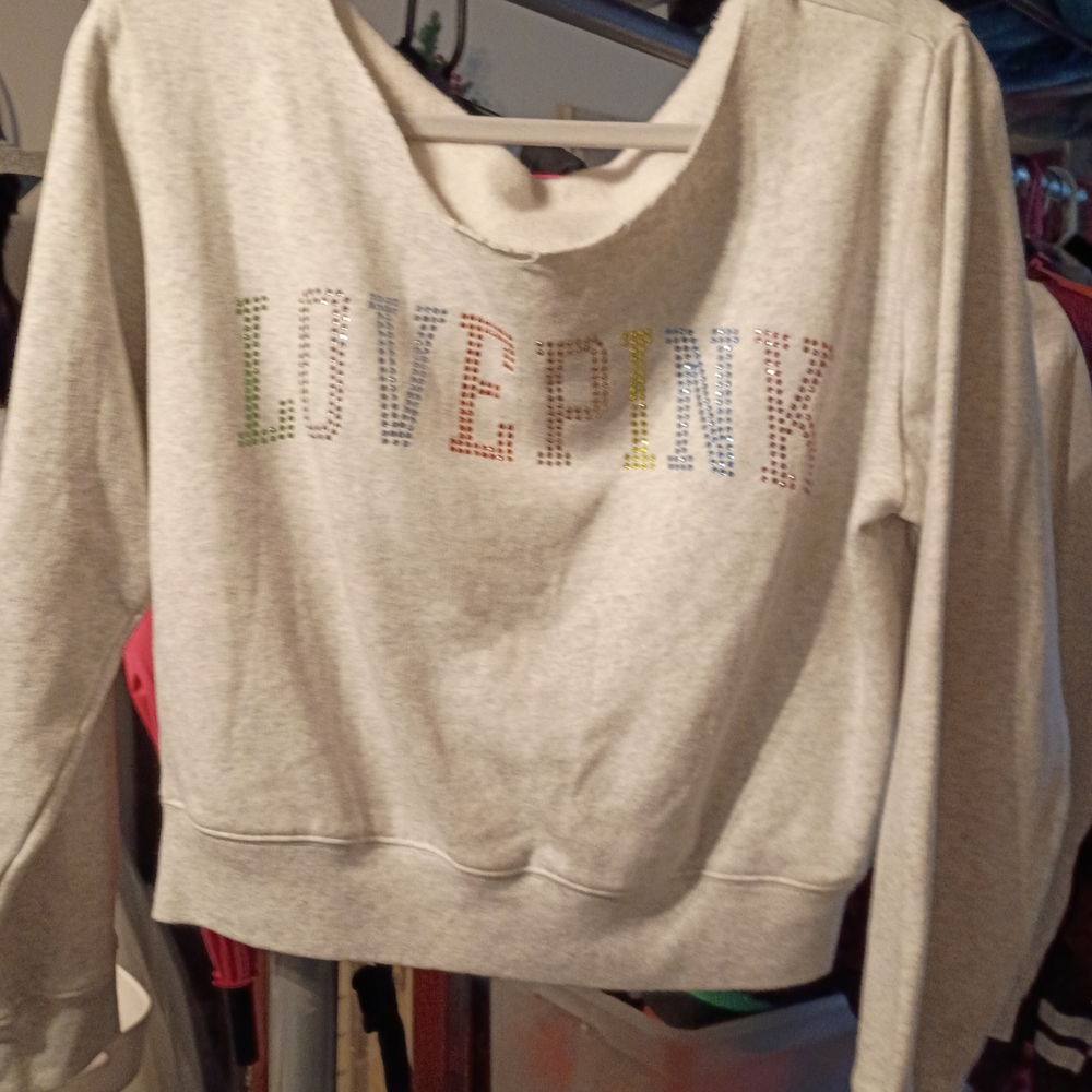 PINK "Blingy" Rhinestones Victoria's Secret Gray Logo Sweatshirt
